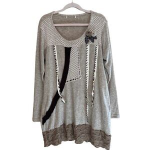Wool Blend Beige Tan Applique Patchwork Tunic Sweater Dress L/XL?